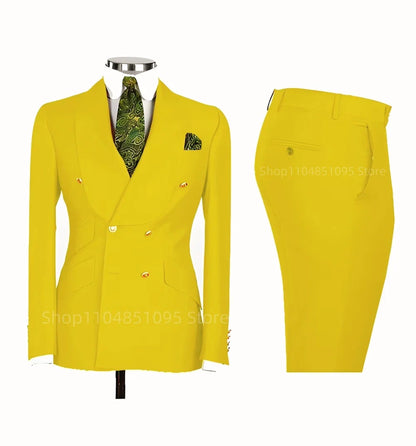 Smart Casual Solid 2 PCS Men Suits Formal Groom Tuxedos Shawl Lapel Double Breasted Jacket Pants Business/Wedding Suits Set