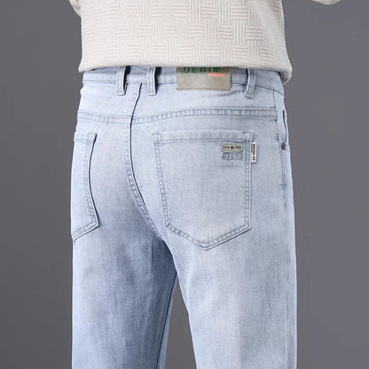 Classic Men Vintage Cloth High Waist Trousers 2024 Autumn Loose Straight Stretch Wash Jeans High Quality Sky Blue Brand Pants