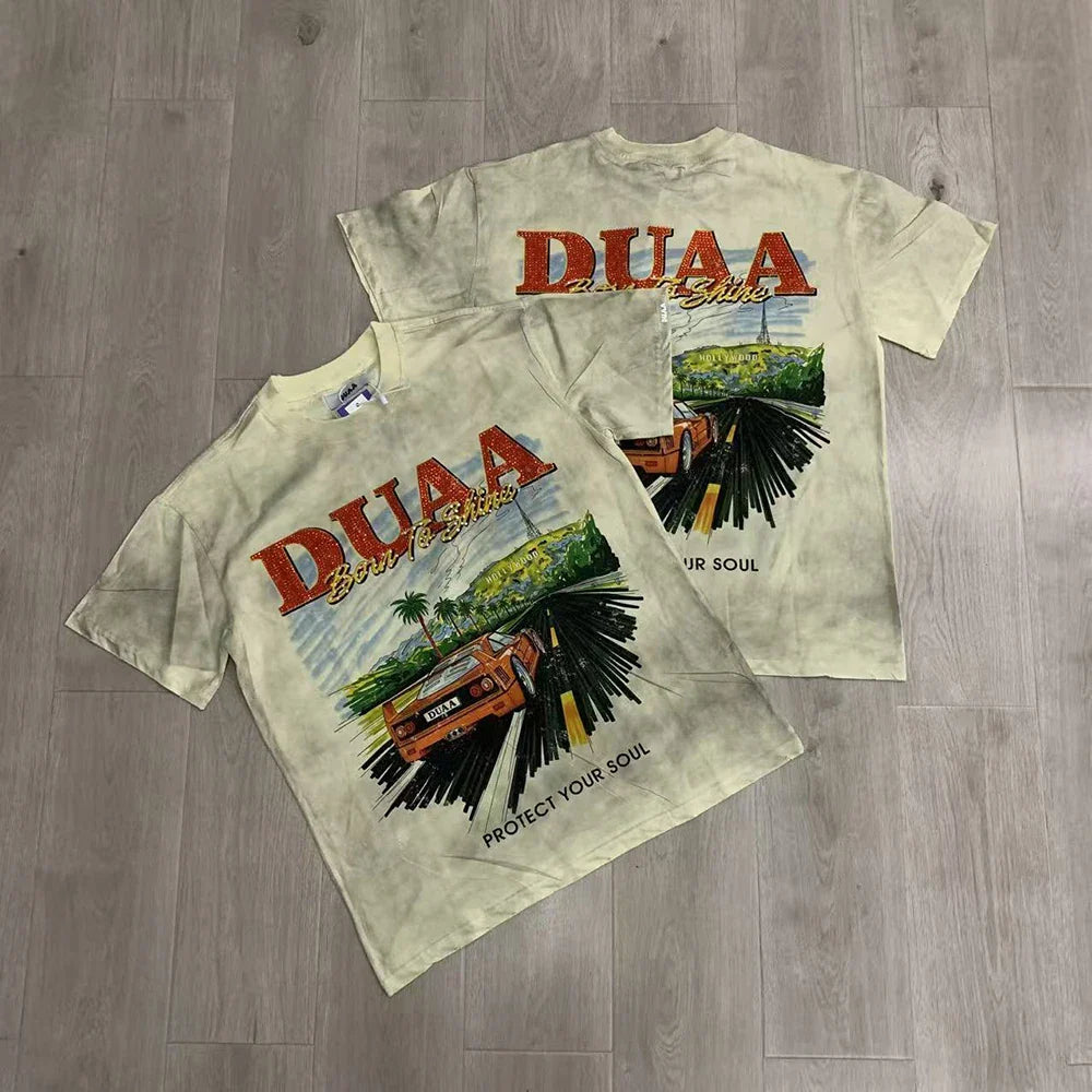 Car Letter Rhinestone Washed Cotton Short Sleeve Tshirts for Men and Women Harajuku Hip Hop Loose Shinning Diamond Tees Oversize