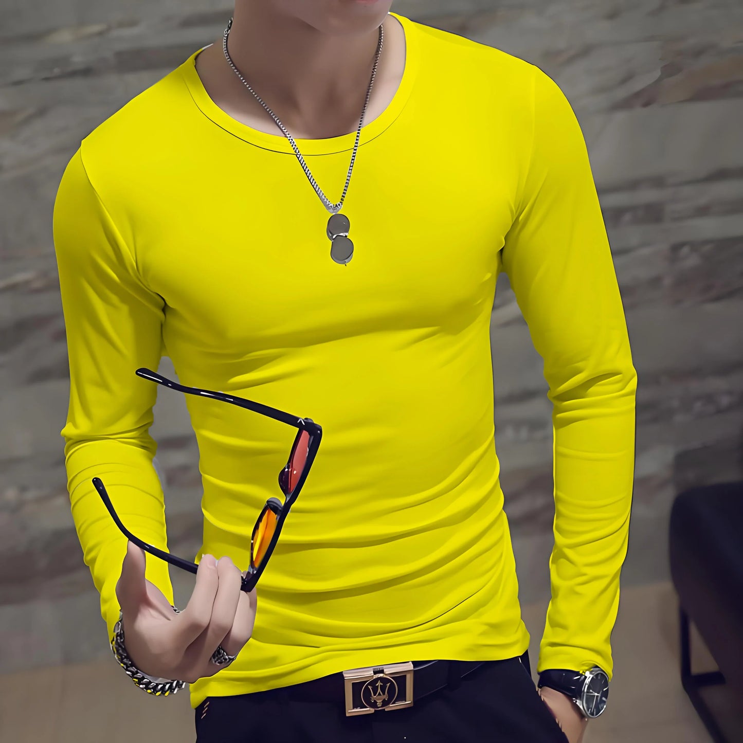 Men's Casual Fashion Solid Color Long-Sleeved Round Neck T-Shirt Classic Men's Spring and Autumn Thin Comfortable Top