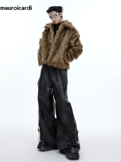 Winter Short Thick Warm Brown Hairy Soft Faux Fur Coat Men with Turn-down Collar Long Sleeve Fluffy Jackets 2024