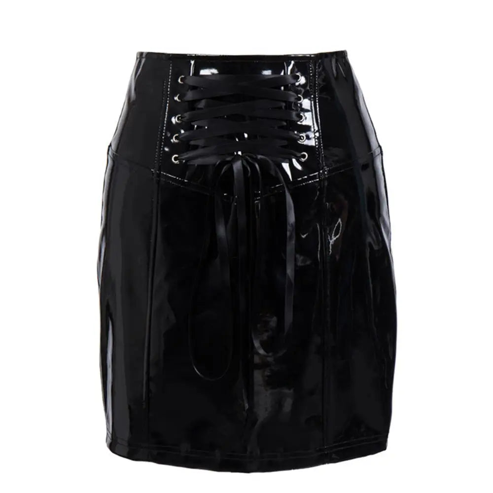 Gothic Black Skirts for Women Latex PVC Leather Pencil Mini Skirt Lace Up Zip Shiny Bodycon Skirts Sexy Club Y2k Clothes