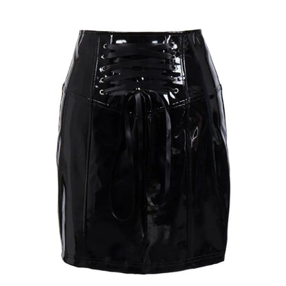 Gothic Black Skirts for Women Latex PVC Leather Pencil Mini Skirt Lace Up Zip Shiny Bodycon Skirts Sexy Club Y2k Clothes