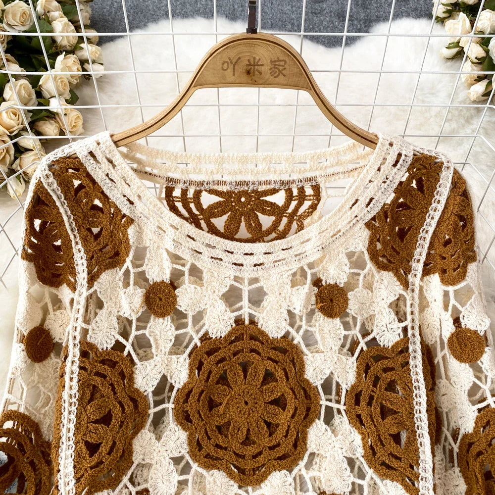 Hook Flower Hollow Out Tops Women Long Lantern Sleeves Tassels Vintage Bohemian Loose Beachwear Hotsweet Knit Blouse