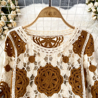 Hook Flower Hollow Out Tops Women Long Lantern Sleeves Tassels Vintage Bohemian Loose Beachwear Hotsweet Knit Blouse