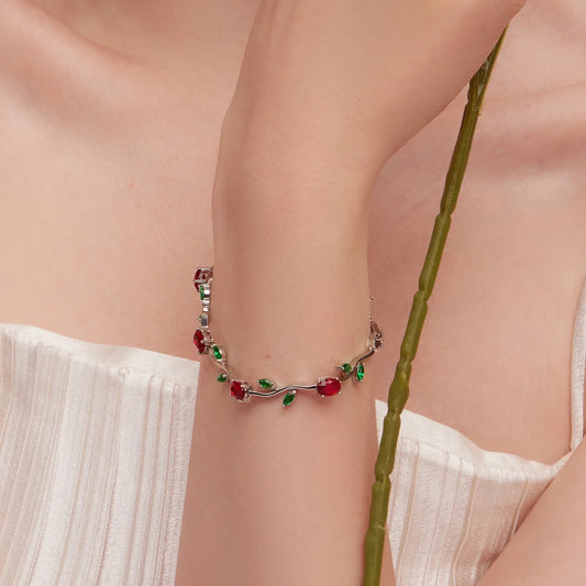 Bracelet chaîne et maillons feuille couleur or rose avec zircon AAA rouge + vert pour cadeaux fête des mères bijoux JIB072