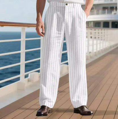 Men's Pinstripe Pants Linen Trousers  Solid Color Loose Fit Half Elastic Waist Straight Leg Breathable Soft For Summer Beach