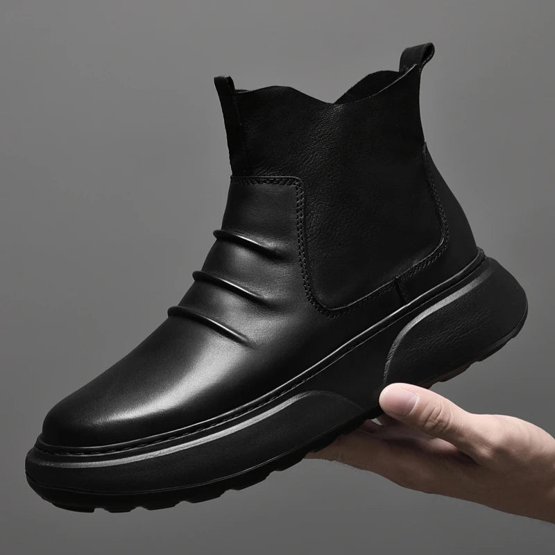 Luxury Brand Male Slip on Chelsea Boots Genuine Leather Mens Warm Winter Shoes High Quality Ankle Boots Men Handmade Snow Boots