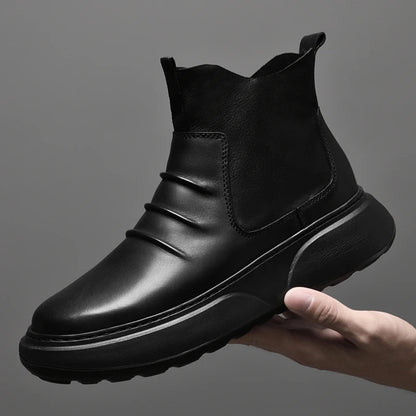 Luxury Brand Male Slip on Chelsea Boots Genuine Leather Mens Warm Winter Shoes High Quality Ankle Boots Men Handmade Snow Boots