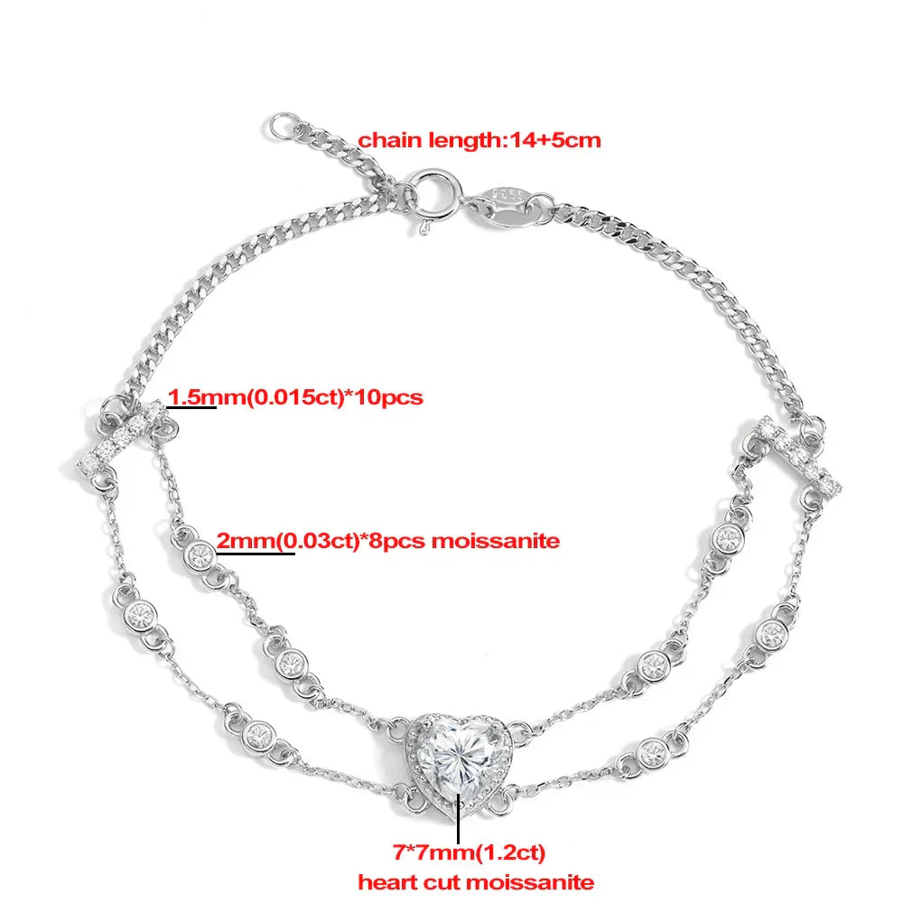 Certified 1.2carat Heart Moissanite Diamond Charm Bracelet with Round Bubble S925 Silver Wrist Chain for Women Fine Jewelry Gift