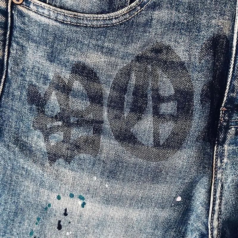 High-quality Blue Jeans Men's 2025 Spring and Summer European Wear Cargo Brand Letter Printing Ink Splashing Straight-leg Pants
