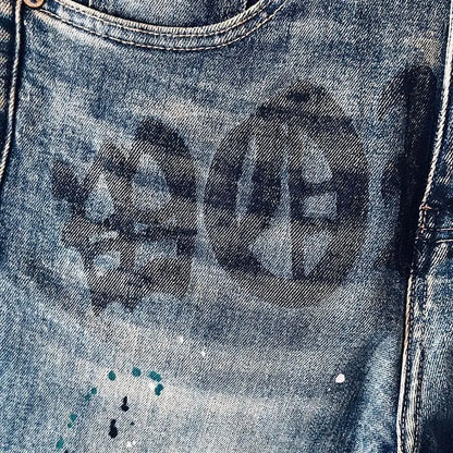 High-quality Blue Jeans Men's 2025 Spring and Summer European Wear Cargo Brand Letter Printing Ink Splashing Straight-leg Pants