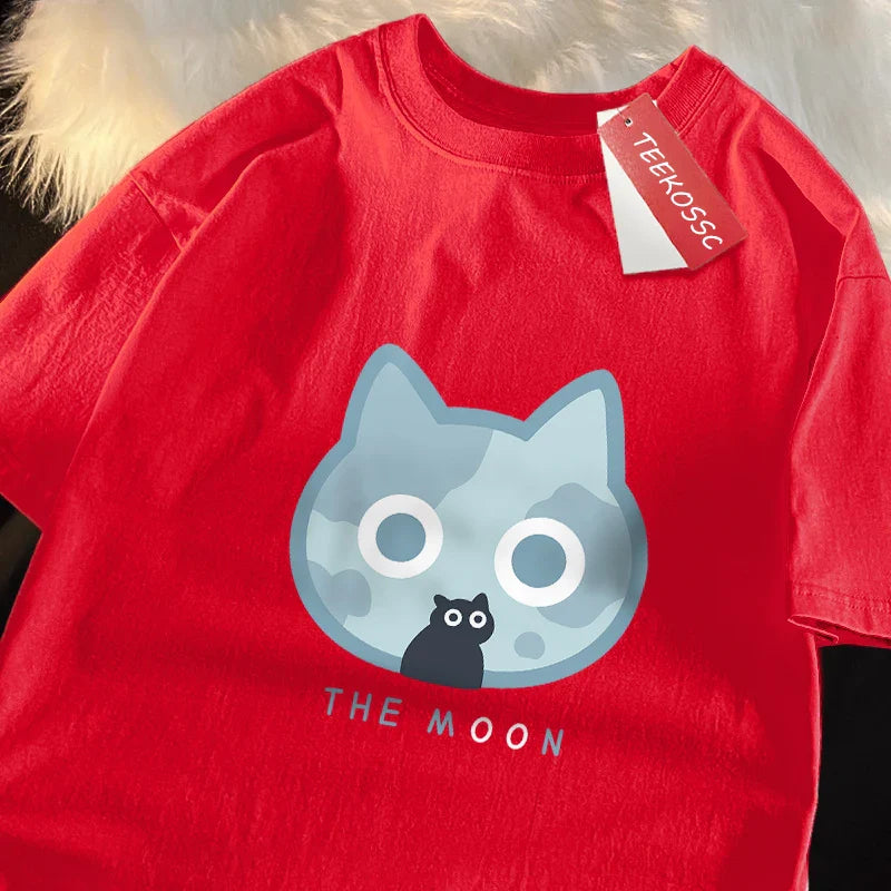 The Moon Blue Cat Fun Japanese Style Men Women T-Shirts Cotton Oversized Short Sleeve Shirt Loose T-Shirt Breathable Casual Tops