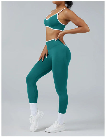Women's Color Block Seamless High-Stretch Yoga Set, Butt Lifting Yoga Pants, Breathable Quick-Dry Active Workout Outfit