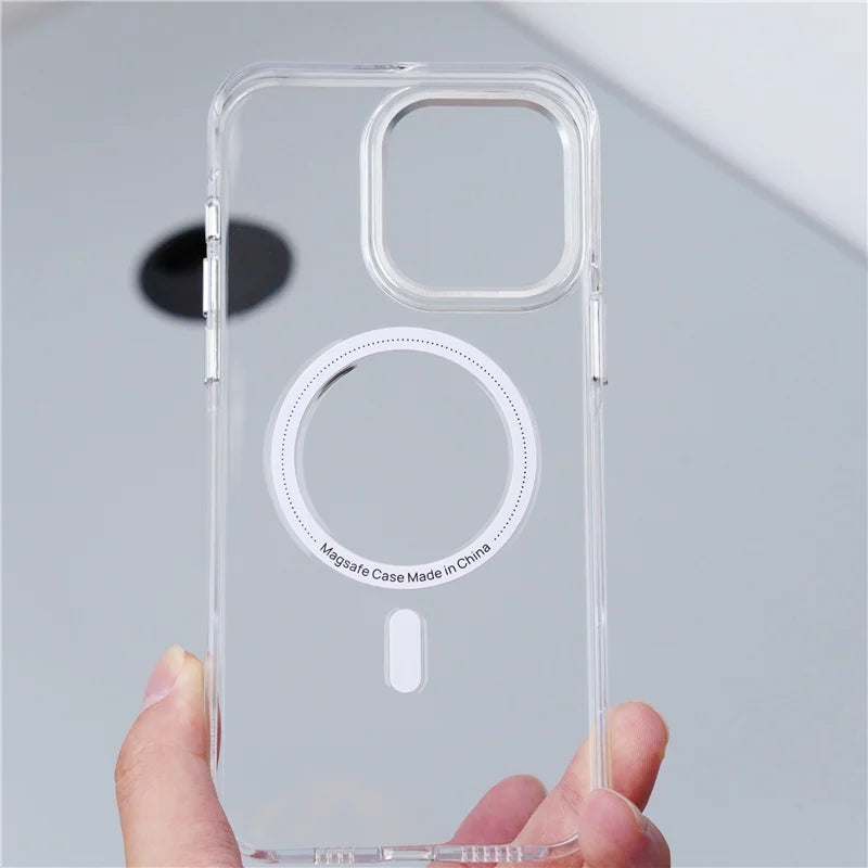 Transparent Wireless Charging for Magsafe Case for iPhone 16 15Pro 14 16Pro Max Alloy Lens Clear Shockproof Hard Armor Cover
