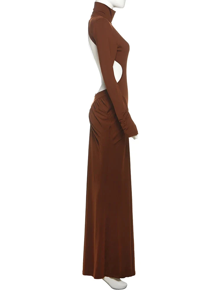 Shirring Sheath Maxi Dresses High Street Classic Full Sleeve Straight Shoulder Backless Vestidos Mujer Evening Wear