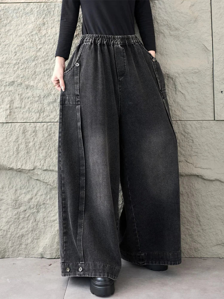 2026 Spring Fashion Classic Denim Pants Ladies Vintage Soild Casual Jeans Women Loose Elastic Waist Wide Leg Trousers