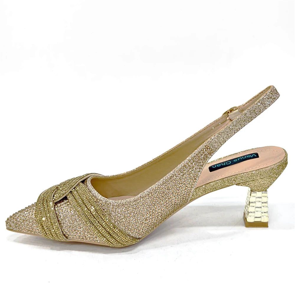 Black Hollow Design With Pointed Shoes And Fashion Three-Dimensional Bag Cozy Rhinestones Are Suitable For Parties