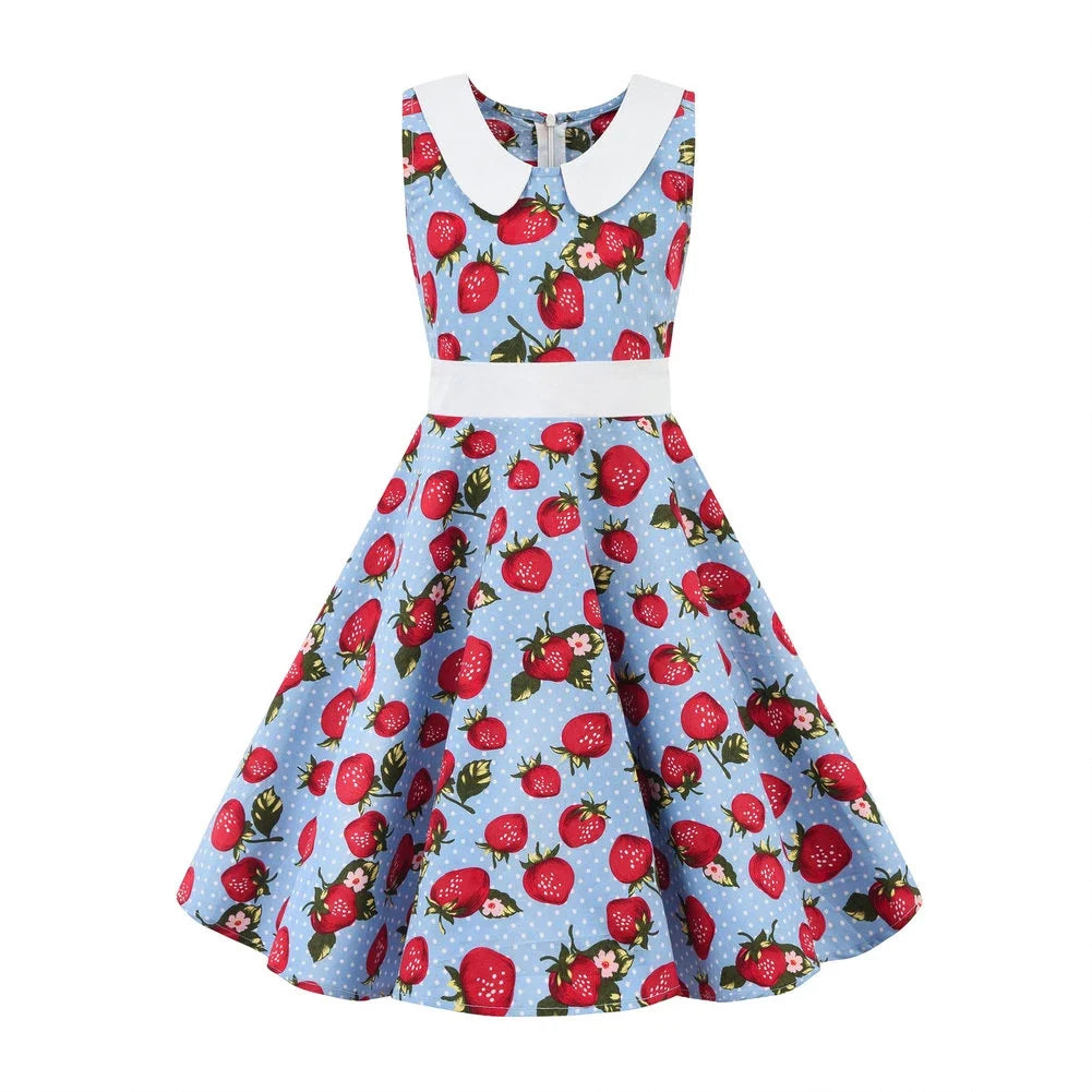 LPATTERN Girls' Vintage Rockabilly Dress Party Retro Polka Dot Floral Pattern A-line Dresses Pleated Skirt Knee-Length for 4-10Y