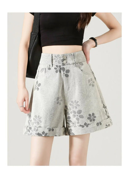 High Waist Floral Print Denim Shorts Women Roll Hem A Line Wide Leg Four Point Pants Summer