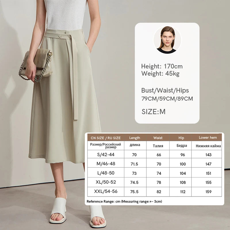 Minimalist Knee length Skirt Women Pleated A-line Loose Dress Elegant Commuting Style Belt Decoration Skirts 12522074