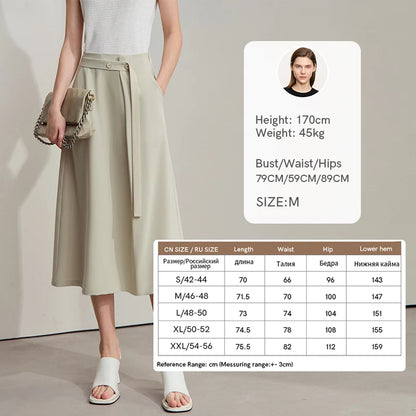 Minimalist Knee length Skirt Women Pleated A-line Loose Dress Elegant Commuting Style Belt Decoration Skirts 12522074
