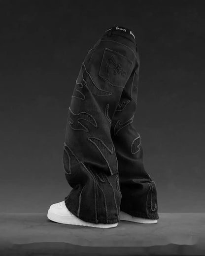 Mens Jeans Y2K Vintage Streetwear Black Wide Leg Denim Pants Ripped Patchwork Raw Hem Distressed Loose Fit Dark Punk Fashion
