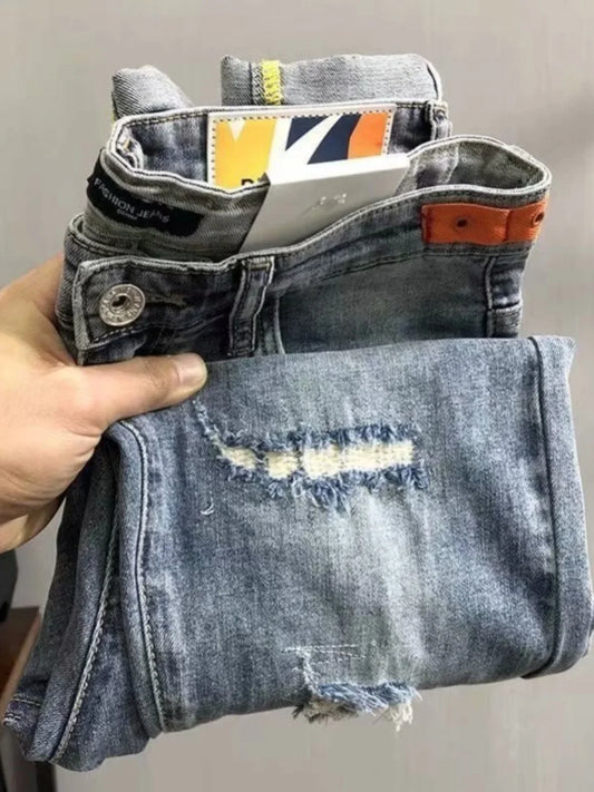 Trendy Men's Slim Fit Jeans Tear Hole Summer Thin Blue Cotton Elastic Waist Zipper Closure Casual Long Pants Youth Wear