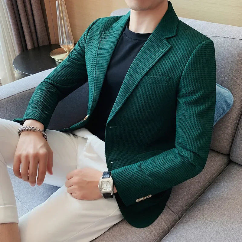 Plus Size 4XL-M Autumn New Waffle Suit Jacket Men Two Buttons Slim Fit Business Casual Blazers Homme Formal Groom Prom Tuxedo