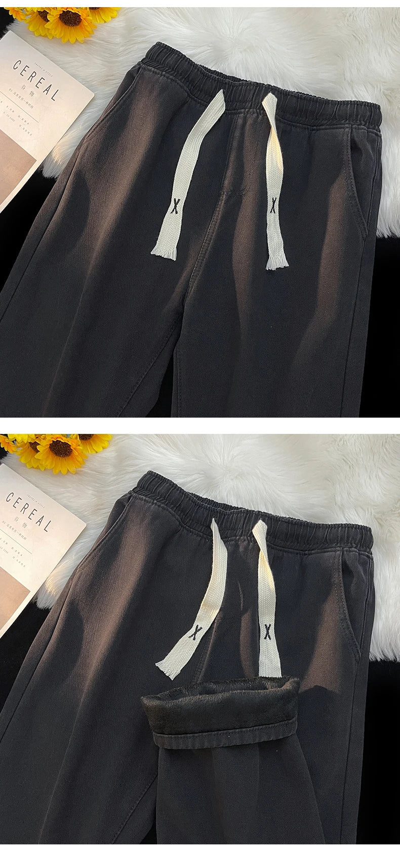Thick Winter Straight Men's Jeans Fleece Warm Loose Plush Trousers Fashion Casual Wide-leg Plush Denim Pants Male