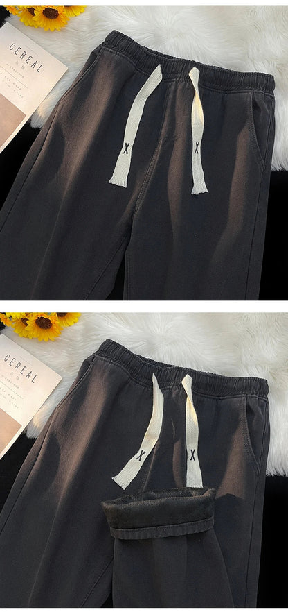 Thick Winter Straight Men's Jeans Fleece Warm Loose Plush Trousers Fashion Casual Wide-leg Plush Denim Pants Male