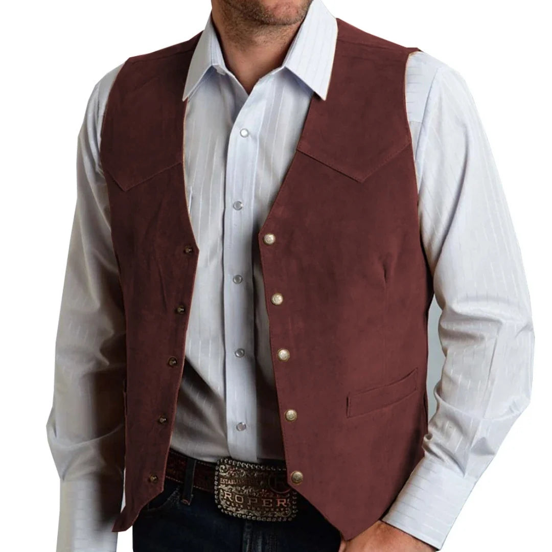 Men Vest Gold Suede Leather Gentleman Business Waistcoat Vintage Western Cowboy Regular Slim Business Banquet Men Suit Vest