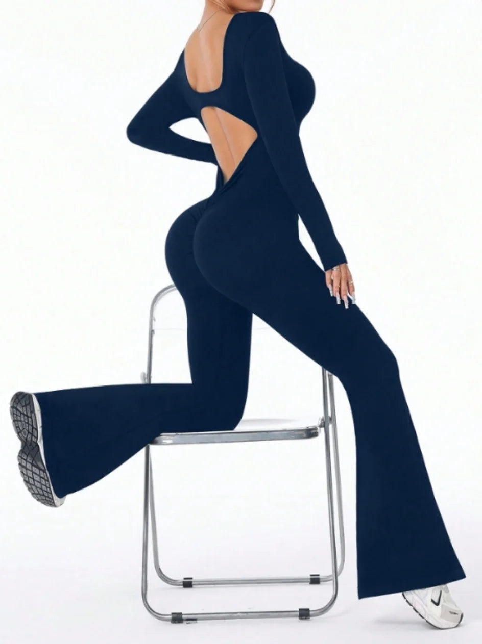 High quality solid color long sleeved compression exercise jumpsuit women's sportswear bell bottom pants sexy push up yoga set