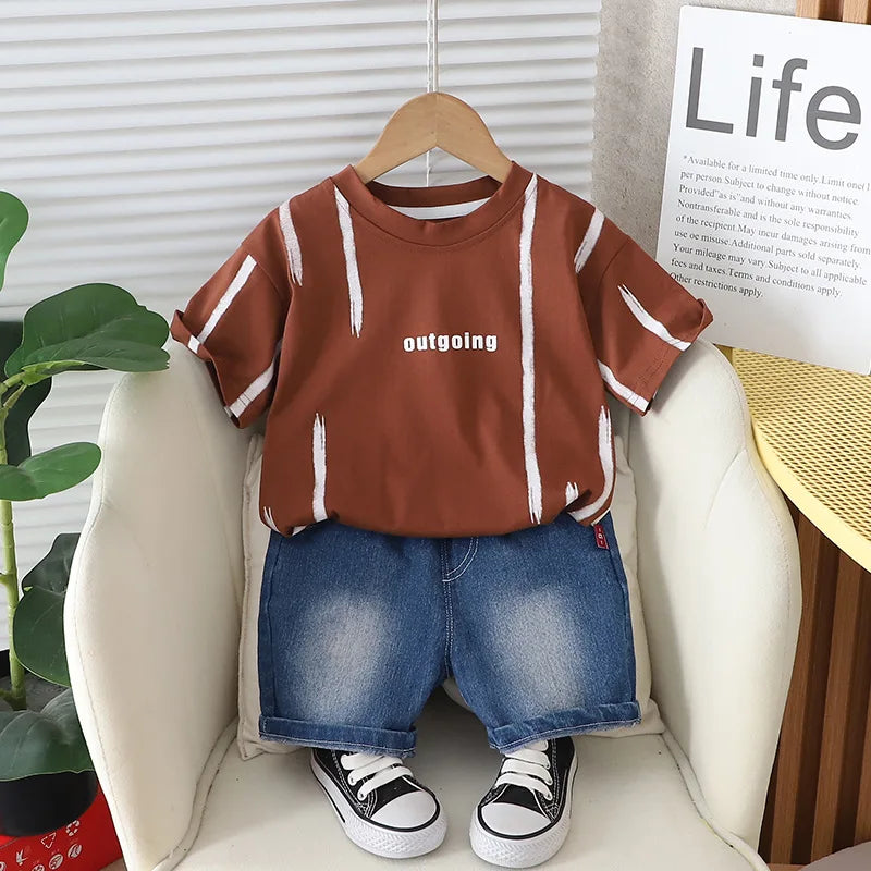 Hot Sale Baby Boys Clothes Children Cotton Printe Causal T Shirts Denim Shorts 2Pcs/set Infant Kids Toddler Tracksuits 0-5 Years