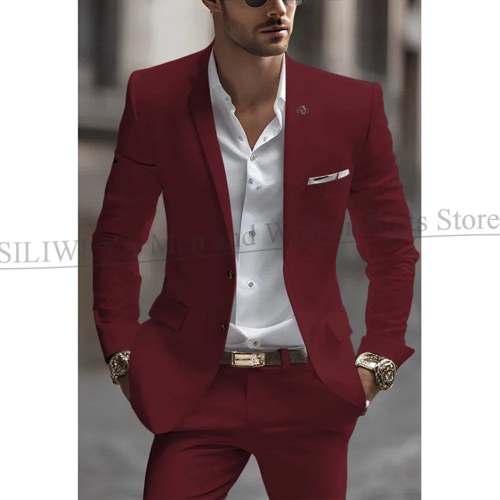 Summer White Men Suits Two Piece Fashion Notch Lapel Single Breasted Suit Slim Fit Elegant Smart Casual Groom Wedding Tuxedo