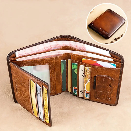 Portefeuille en Cuir Véritable pour Homme, Blocage RFID, Porte-Cartes de Crédit Mince Multifonctionnel, Porte-Monnaie Court, Portefeuille Pliant pour Homme