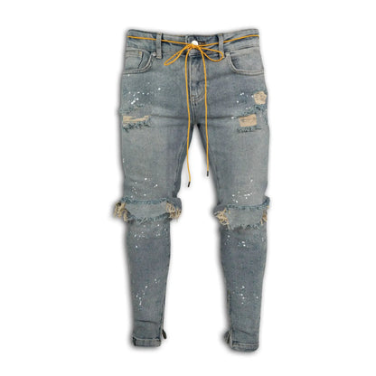 Men Long Jeans Pants Denim Pencil Pant Hole Splice Simple Slim Fit Zipper Lace Up Tight Waist Straight Trousers Autumn
