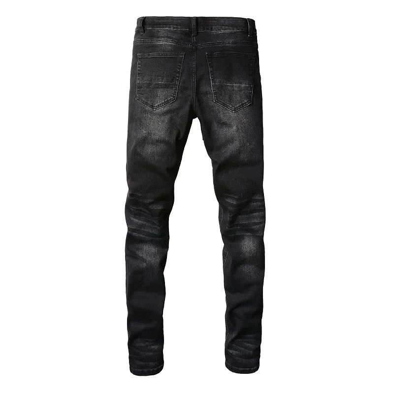 Men's Cracked Red Pleated Patch Biker Jeans Streetwear Patchwork Stretch Denim Pants Skinny Tapered Black Trousers