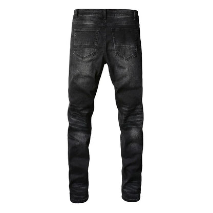 Men's Cracked Red Pleated Patch Biker Jeans Streetwear Patchwork Stretch Denim Pants Skinny Tapered Black Trousers