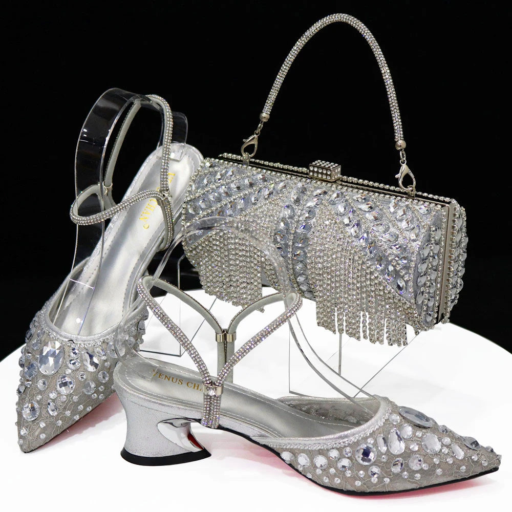 2023 New Italian Design Noble Dual-Purpose Three-Dimensional Bag And Ladies Heel Shoes Shiny Material For Nigeria Wedding Party