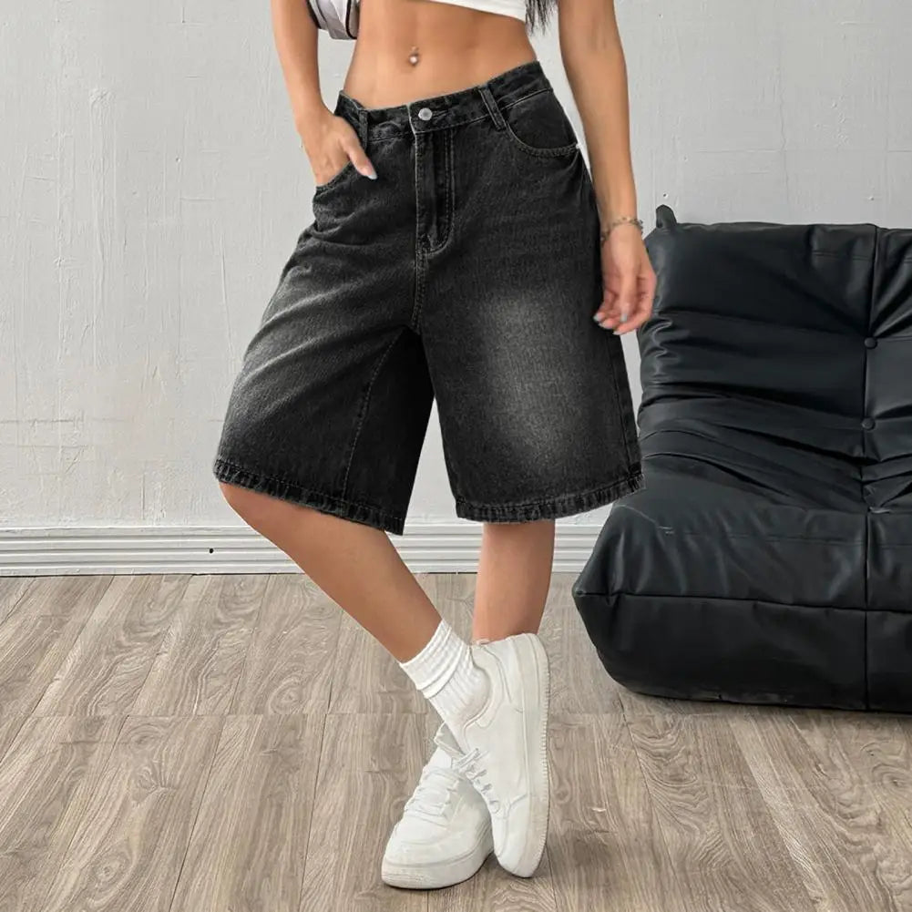 Women's Bermuda Summer Jean Shorts High Waisted Knee Length Baggy Jorts Wide Leg Breathable  Loose Denim Shorts with Pockets