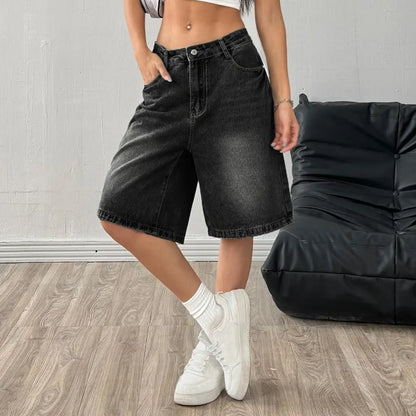 Women's Bermuda Summer Jean Shorts High Waisted Knee Length Baggy Jorts Wide Leg Breathable  Loose Denim Shorts with Pockets