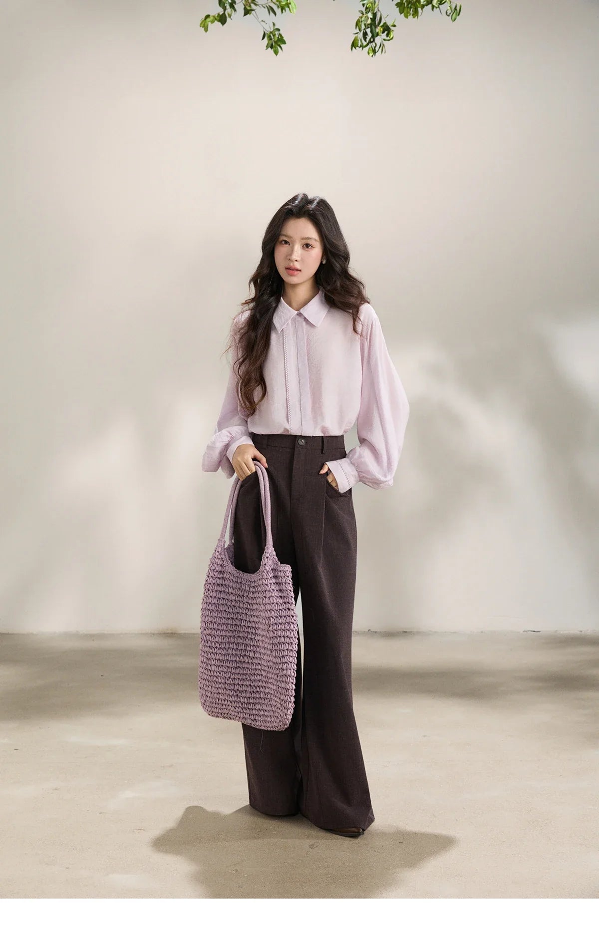 Women's Lapel Lantern Sleeve Shirts 2026 Spring Lace Trim Casual Loose Breathable Solid Shirt Office Lady MXF13C2436