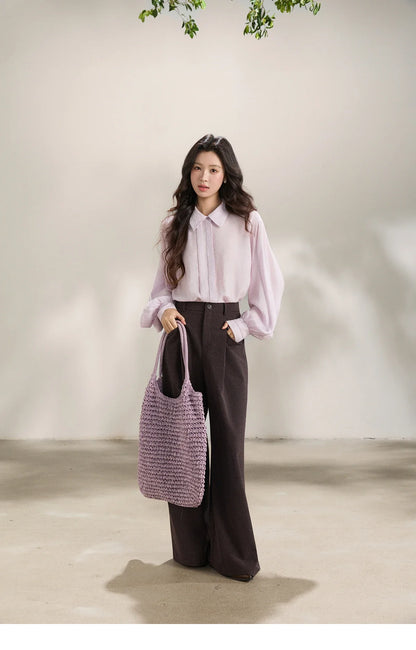 Women's Lapel Lantern Sleeve Shirts 2026 Spring Lace Trim Casual Loose Breathable Solid Shirt Office Lady MXF13C2436