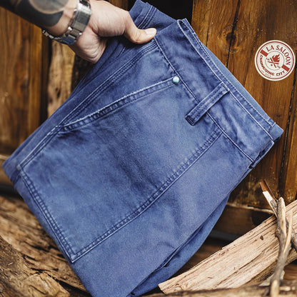 Men‘s Vintage Washed Denim Jeans Blue Cotton Canvas Workwear Zipper Pants Loose Fit Casual Trousers for Spring and Autum