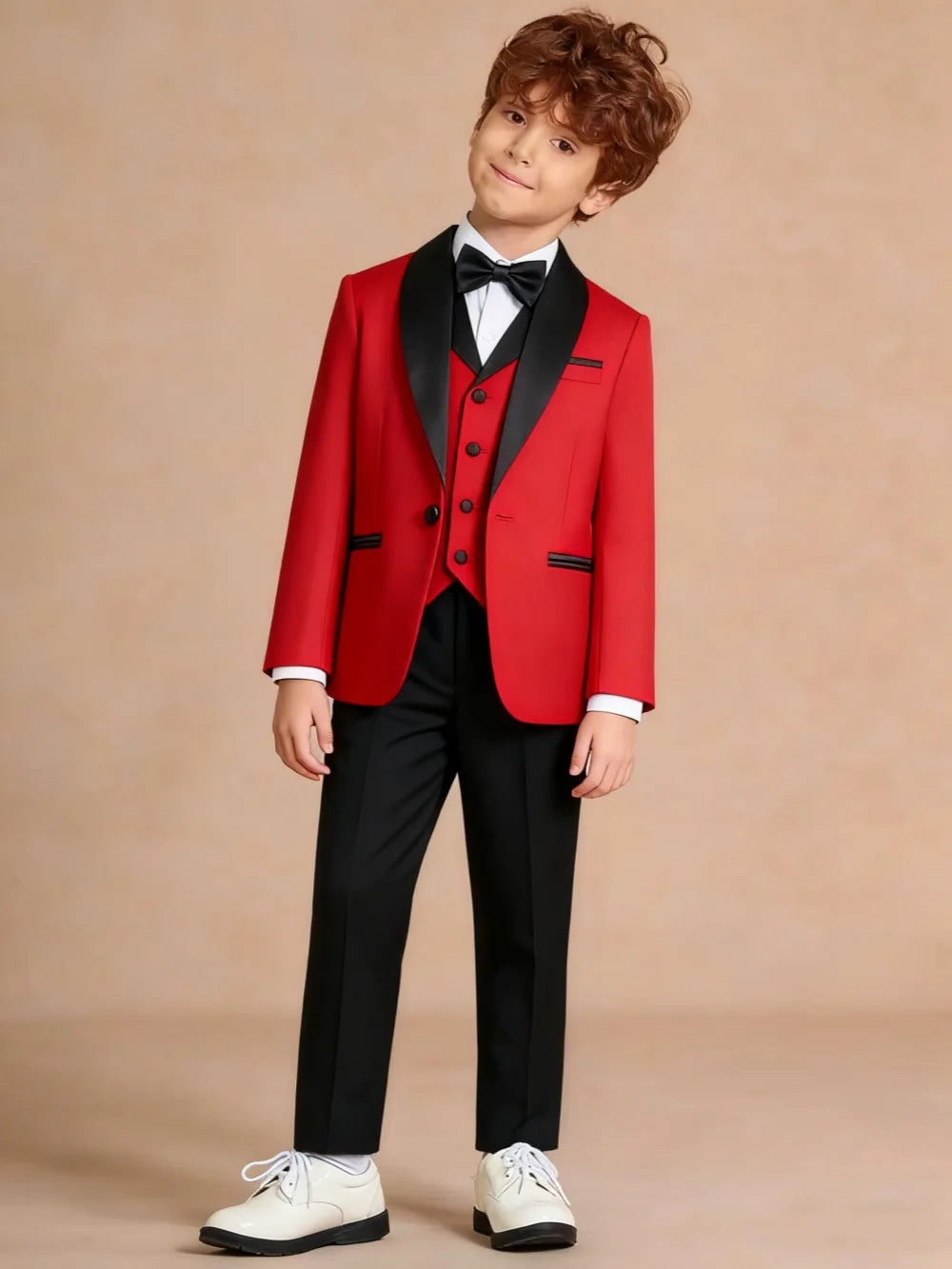 Christmas Red Boys Suits 4 Pieces Banquet Party Wear Shawl Lapel Kids Suit Set Performance Outfit 3-14T Wedding Birthday Tuxedo