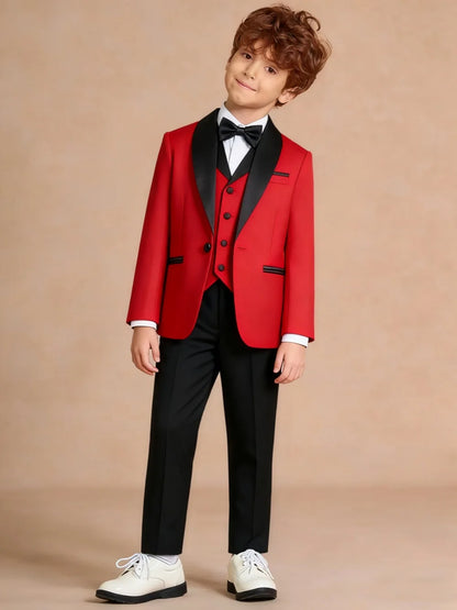 Christmas Red Boys Suits 4 Pieces Banquet Party Wear Shawl Lapel Kids Suit Set Performance Outfit 3-14T Wedding Birthday Tuxedo