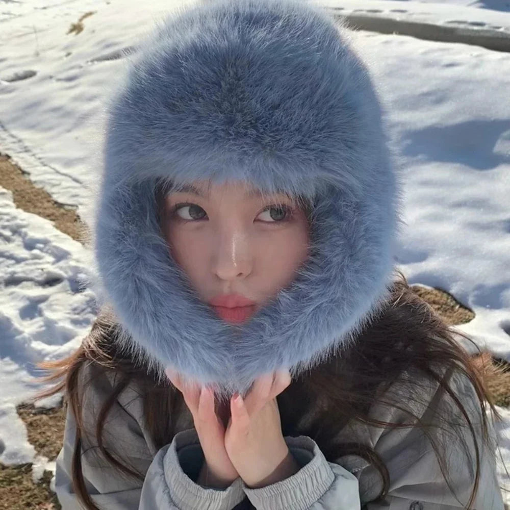 Fluffy Fur Hat Women White Black Blue Russian Hat Thick Warm Ski Earflap Cap Female Ushanka Winter Hat Ladies Russian Cap