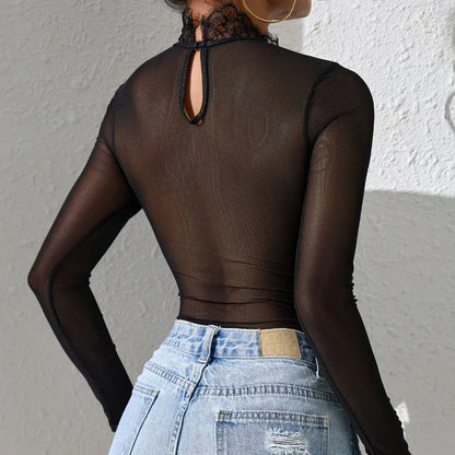 Sleek Fitted Bodice Sexy Lace See Through Long Sleeve Bodysuit Y2K Stretch Shirt Push Up Bra Padded Slim Top One-Pieces Lingerie