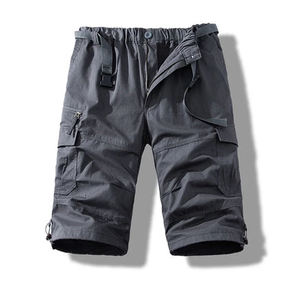 Man Shorts Casual Pants Light Weight Cotton Long Shorts Below Knee 3/4 Pants Elastic Waist with Belt Cargo Shorts